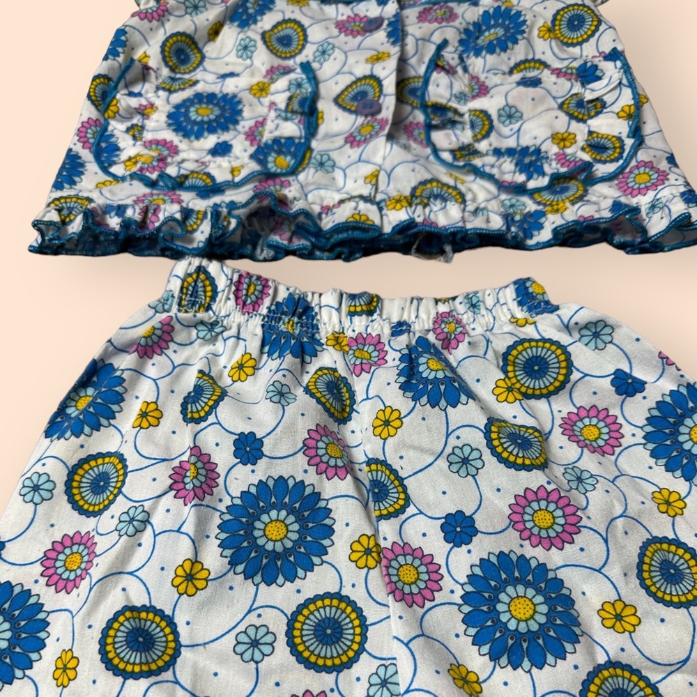 Vintage Baby/Toddler Blue Yellow Pink Flower Button Down Pants Set Retro - Picture 3 of 14